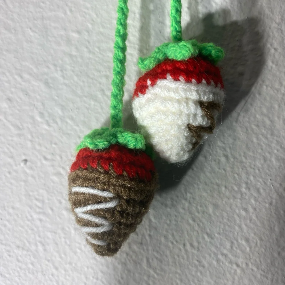 Charming Crochet Strawberry Car Decore - Red, White, and Brown